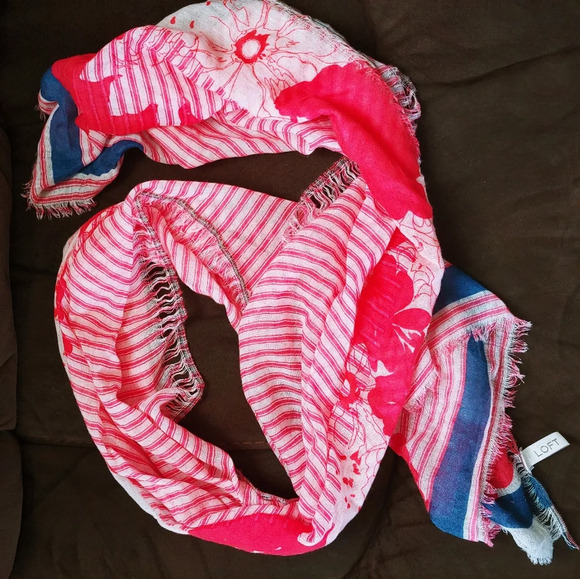 Ann Taylor Loft Pink, Blue, White Stripe Floral Tropical Lightweight Scarf - Picture 1 of 5